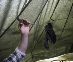 Savotta Hawu 4 tent. Attachment points for lines to hang wet clothing out to dry.