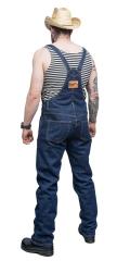 Särmä Denim Overalls. Model's height 183 cm, chest 114 cm, waist 90 cm, with size Medium overalls.