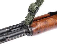 Särmä TST 2P-RK Quick-Adjust Rifle Sling. The 25 mm (1") webbing can be folded into a C to weave it neatly through AK front sling mounts.