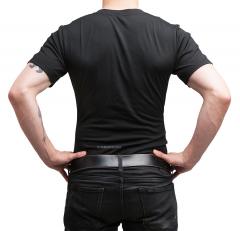 Särmä Merino Wool T-shirt. Our model's measurements are about 175 / 96 cm, wearing size Medium shirt.