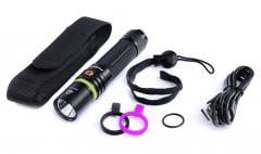 Fenix UC30 Rechargeable flashlight. Comes with a belt pouch, 2600 mAh battery, spare rubbers, lanyard and charging cable.