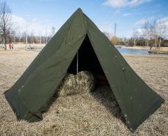 Polish shelter half, surplus. Two shelter halves form a tent. You will also need a set of pegs and a pole.