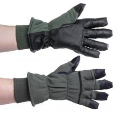 US Flight Gloves, Leather/Nomex, Winter Model, surplus. Black sheepskin leather palm and underside for durability and grip, other parts green fire-resistant Nomex.