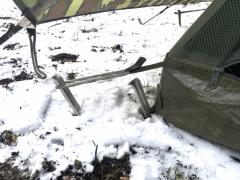 Belgian 2-Person Tent, A-Frame w. Jigsaw Camo Flysheet, Surplus. Elastic loops are used to secure the tent to the stakes.