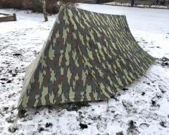 Belgian 2-Person Tent, A-Frame w. Jigsaw Camo Flysheet, Surplus. 