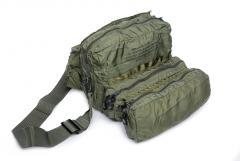 US M3 Combat Lifesaver Bag, Olive Drab, Surplus. The bag rolls out displaying the different compartments.