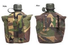 Dutch 1Q Canteen with Cup and DPM Camouflage Pouch, Surplus. The standard pouches are either MOLLE or ALICE type.