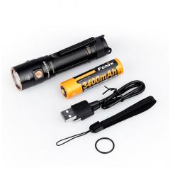 Fenix E28R Rechargeable Flashlight. Comes with a battery, charging cable, lanyard, and spare O-ring.