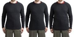 Särmä Merino Wool Sweater. The model in the picture is 175 cm (5’9”) tall, with a 98 cm (38.6”) chest and ja 86 cm (33.9”) waist. He is wearing a size S on the left, size M on the middle and size L on the right.