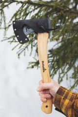 Hultafors Hultån Hatchet. The axe comes with a leather sheath.