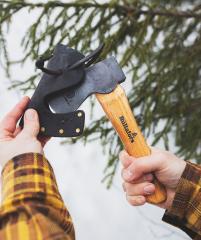 Hultafors Ågelsjön Mini Hatchet. The axe comes with a leather sheath.