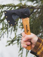 Hultafors Ågelsjön Mini Hatchet. The axe comes with a leather sheath.