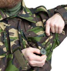 Romanian Field Jacket, DPM, Surplus, Unissued. The pockets have folding mouths for security, and attachments for a compass or whistle lanyard. Canada-style buttons.