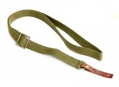 Chicom Type 56 Sling, AK, Surplus. hese are c. 27 mm (1.06") wide canvas slings with a buckled loop at one end and a 14 mm (0.8") leather tab at the other.