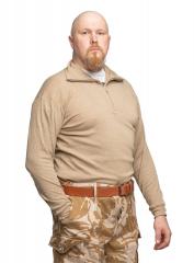 British Norgie Field Shirt, FR, Desert, Surplus. The model is 183 cm (6’) tall, the chest is 116 cm (45.7”). Wearing size Large.