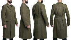 Polish Greatcoat, Green, Surplus, Unissued. The coat in the pic is 100/185/89 . The model: Height 192 cm (6’ 3.6”), chest, 112 cm (44.1”), and waist 101 cm (39.8).