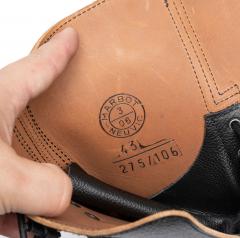 French BM65 double buckle boots, black, surplus, unissued. The inside is left undyed on some of these.