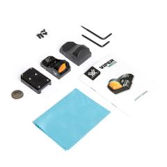 Vortex Viper Red Dot Sight, 6 MOA. Comes with a Picatinny mount, metric and imperial mounting screws, battery, cover, manual, tools, and a cleaning cloth.