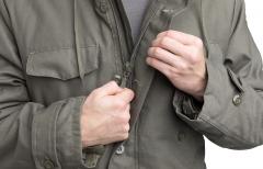 AB BW Parka, Stone Gray Olive. Zippered front with a button-up flap.