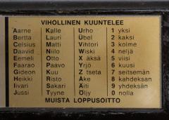 Finnish Field Telephone, Surplus. On the lid, there is a cheat sheet for remembering the Finnish phonetic alphabet. On the top it reads "THE ENEMY IS LISTENING" and on the bottom "REMEMBER THE TERMINATION CALL".