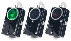 NVA Flashlight, "NARVA", Surplus. On the front panel, there are three sliders that you can use to create a green, blue, or red light.