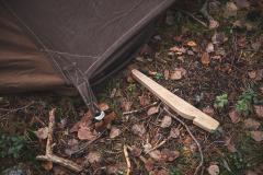 British 2-person WW2 Model Bivouac Tent, Surplus. Contains atmospheric but otherwise crappy pegs that can be improved with a knife. Well, until these run out but you can easily make better ones.