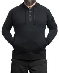 Särmä Merino Wool Hoodie with Buttons. Model's measurements are 178/118, and garment size is Large Regular