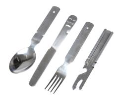 AB BW Model Field Cutlery Set, Stainless Steel. The set includes a spoon, knife, fork, and cryptically engineered can opener/bottle opener.