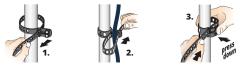 SoftTie DL Utility Strap. 1: Tighten through the first slot.
2: Close the second loop.
3: Bend and press to release.