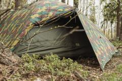 Belgian 2-Person Dome Tent, M1999 Jigsaw, Surplus. A partially opened vestibule allows you to cook with some shielding from the wind. There's one of these on both sides of the tent.