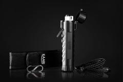 Kaari Loimu X2 Plasma Lighter. The package includes the plasma lighter with a built-in battery, belt case, karabiner, and a Micro USB cable.