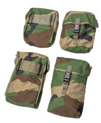 French SSA 1999 Modular Medical Rucksack, CCE, Surplus. The ruck comes with four side pouches: the larger ones attach to the top bag and the medium-sized to the bottom bag.