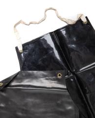 Belgian Butcher's Apron, PVC, Black. Strings are put through basic metal hoops.
