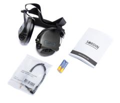 Sordin Supreme MIL AUX Neckband Hearing Protectors. Includes batteries, a manual, and a 3.5mm AUX cord.