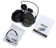 Sordin Supreme MIL AUX ARC Hearing Protectors. Includes batteries, a manual, and a 3.5mm AUX cord.