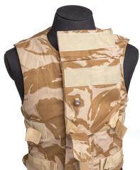 British Flak Jacket, without Protective Material, Desert DPM, Surplus. There is a compartment at the front for a hard plate that protects the vital areas of the body.