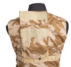 British Flak Jacket, without Protective Material, Desert DPM, Surplus. There is a compartment at the back for a hard plate that protects the vital areas of the body.