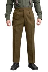 British Wool Dress Pants, Brown-Green, Surplus. These are technically dress pants, but with a suitable shirt they also make a very nice dock worker look from the 1920s.