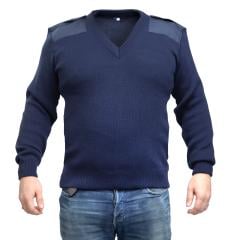 Dutch V-neck Pullover, Blue, Surplus. Model size: height 178 cm (5' 10"), chest 118 cm (46.5"), shirt size 4.