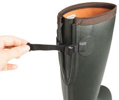 Gateway1 Sportsman II 18" Rubber Boots. The top of the bootleg features an adjustable gusset that makes it easier to get into the boots, and then you can tighten the boots to sit more securely.