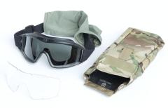 Revision Desert Locust Ballistic Goggles, Essential Kit. Black goggles with Foliage Green sleeve include a MultiCam colored storage bag - but no microfiber cloth.