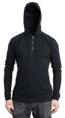 Särmä Merino Wool Hoodie with Buttons. Model height 181 cm, chest circumference 96 cm, waist circumference 88 cm. Wearing size Medium Regular.