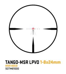 Sig Sauer Tango-MSR 1-8X24 Rifle Scope. MSR BDC8 reticle. The reticle is on the second focal plane, so the reticle size stays the same regardless of the zoom value you are using.