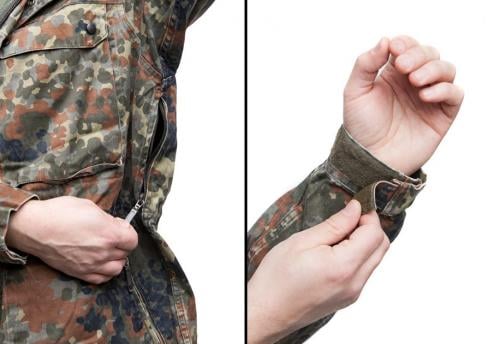 BW parka, Flecktarn, Surplus. Armpit zippers for ventilation, sleeve cuffs adjustable with velcro. Simple and practical!