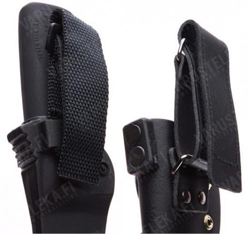 J.P. Peltonen Sissipuukko. Unlike pictured, the belt loop of the leather sheath is now nylon too!