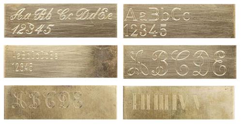 Engraving service. Top row shows double cursive/joint letters with loops and double print-script letters. On the second row print-script and large ornament letters. On the third row ornament letters and triple Roman numbers.