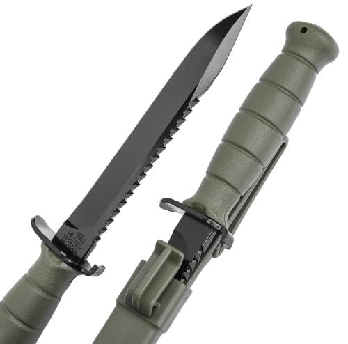 Glock FM 81 Survival Knife with Saw. The knife and sheath are ambidextrous: the sheath is symmetric and both sides of the knife have a locking recess.