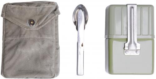 JNA Canteen / Mess Kit with Pouch and Utensils, Surplus. Comes with a carrying pouch and camping cutlery.