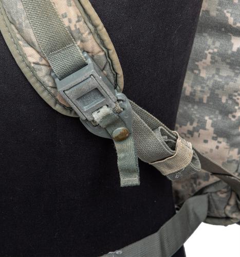 US MOLLE II Assault Pack, Surplus. Quick-release shoulder straps.
