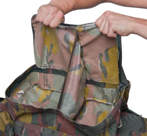 Belgian large rucksack, Jigsaw, surplus. Side pouch models vary - here's the "suitcase style" pouch, but many rucks have a top-opening PLCE-style model instead.